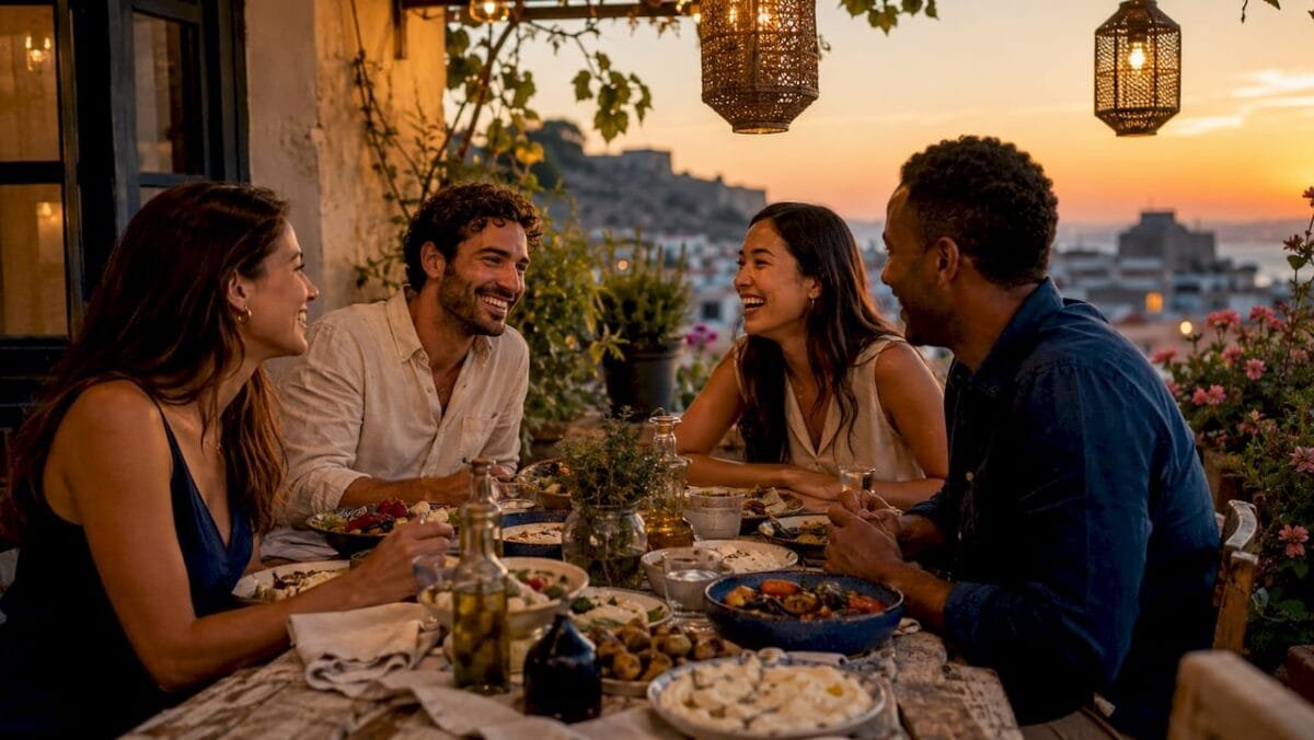 Friends sharing Mediterranean dinner at home