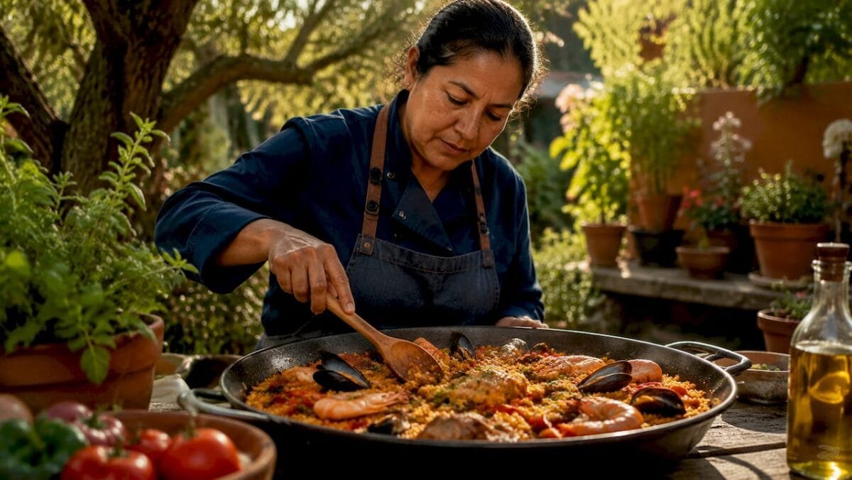 Chef cooking authentic paella in rustic kitchen