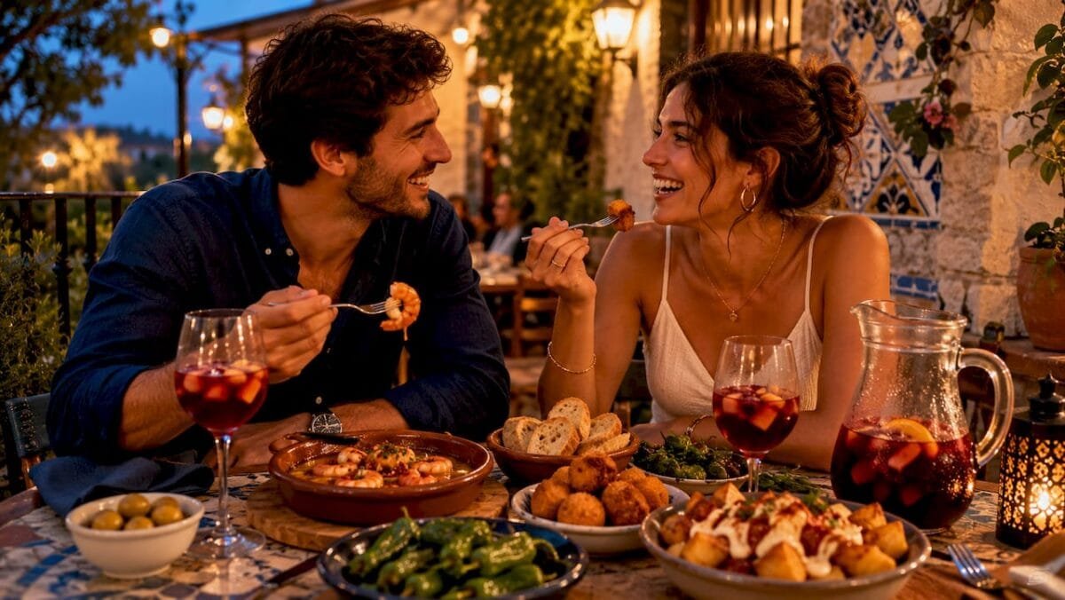Couple sharing tapas at cozy tapas bar