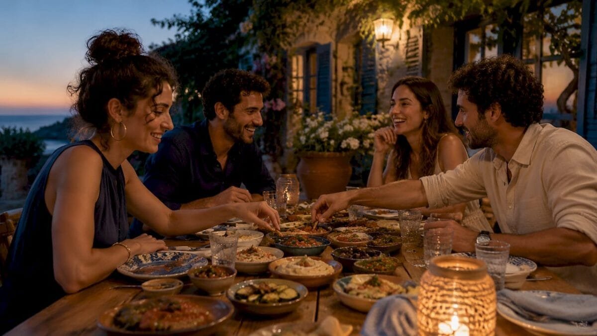 Group sharing Mediterranean mezze platter outdoors