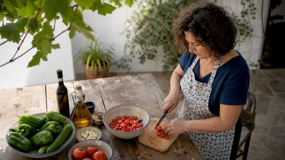 Woman preparing classic Spanish salad ingredients