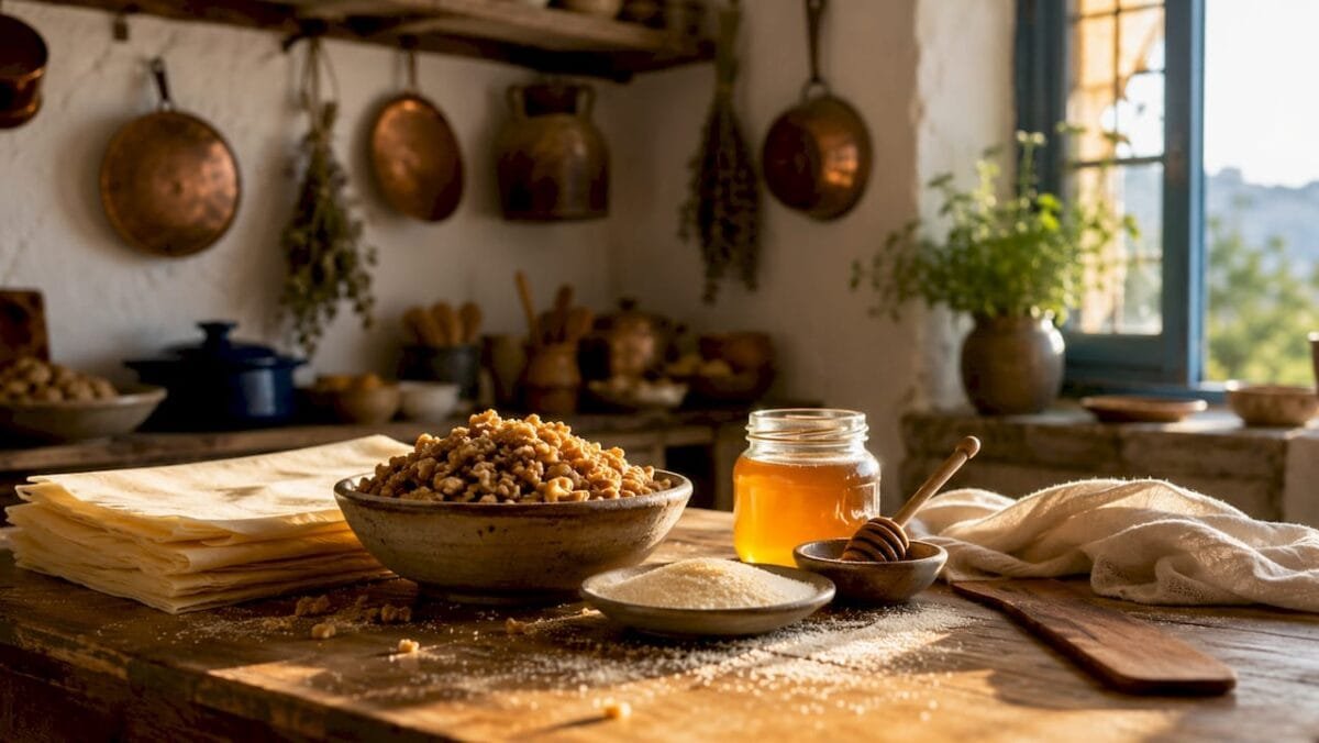 Table with natural Mediterranean dessert ingredients