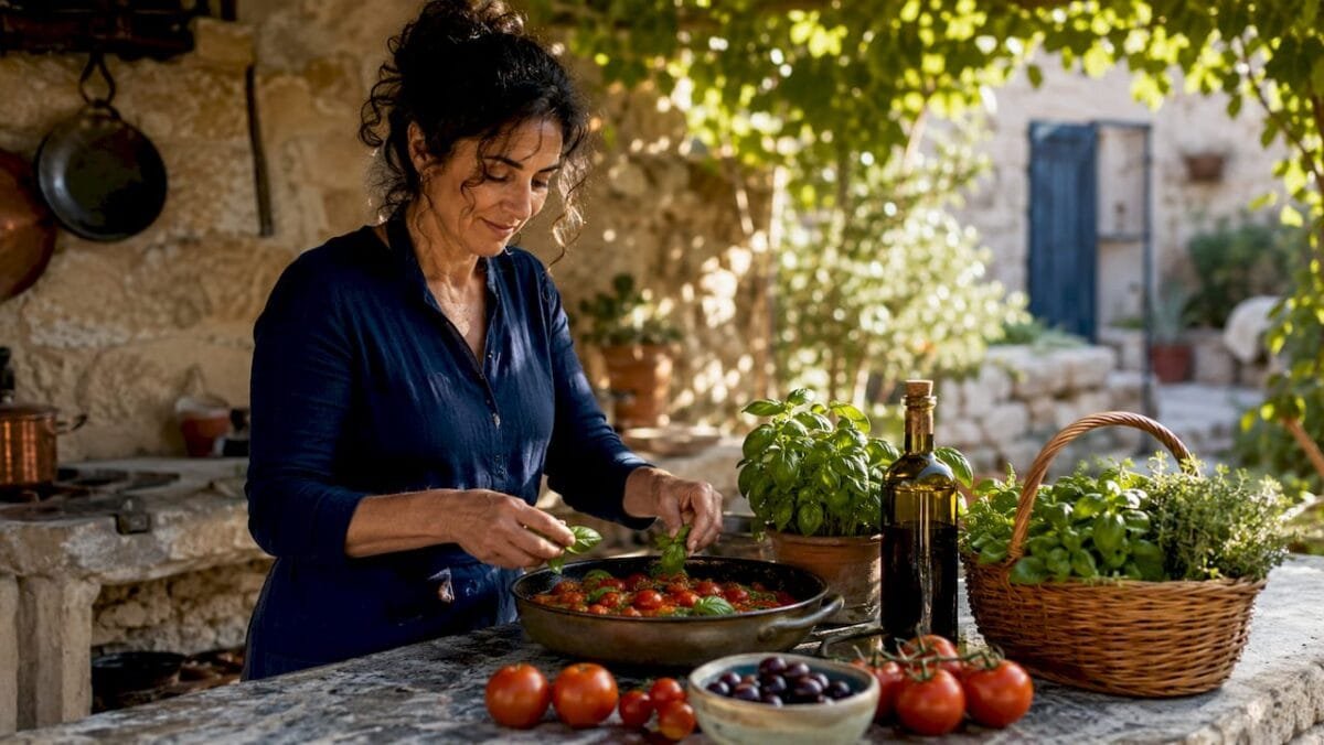 Woman preparing Mediterranean pasta sauce at home