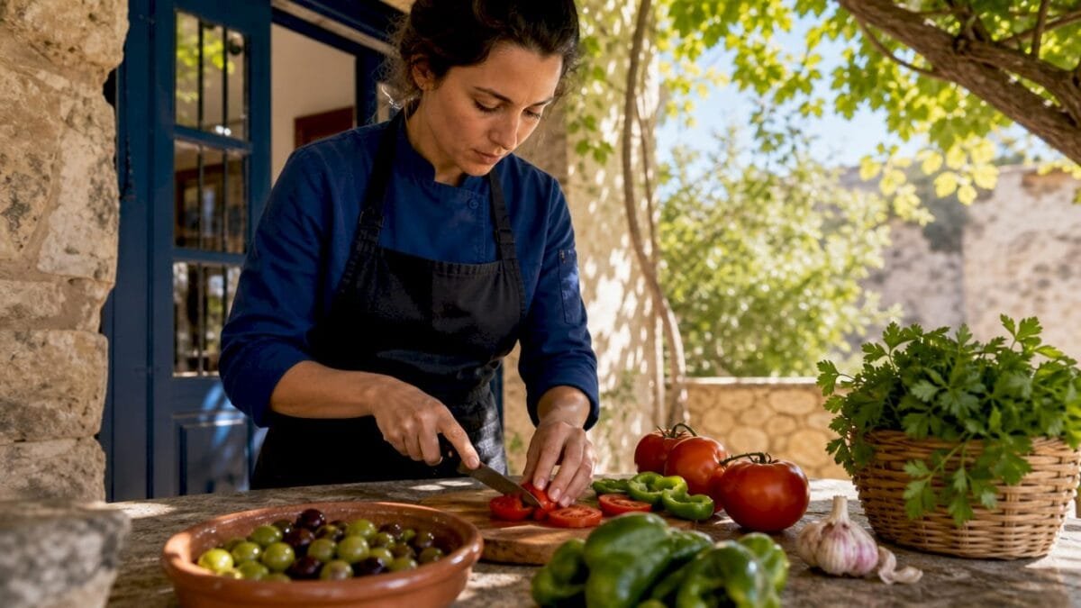 Chef preparing fresh Spanish salad ingredients