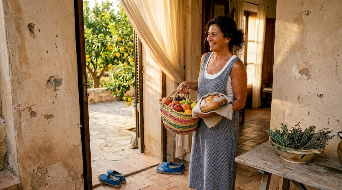 Mediterranean woman welcoming guests at villa door
