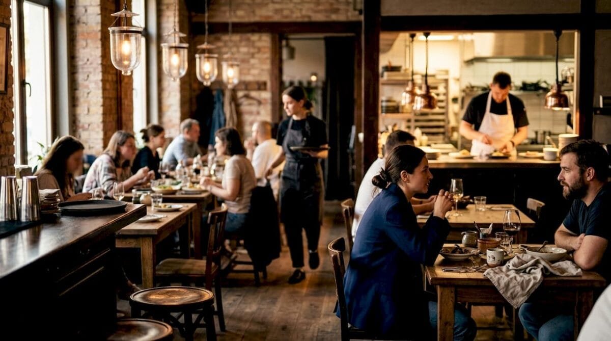 Interior of gastrobistro with dining patrons and open kitchen