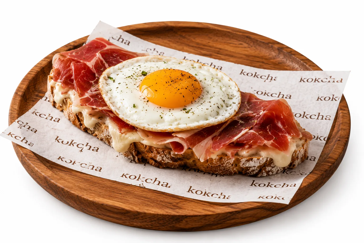 Tostada de jamón ibérico, huevo y queso cremoso en Kokcha Sagrada Familia