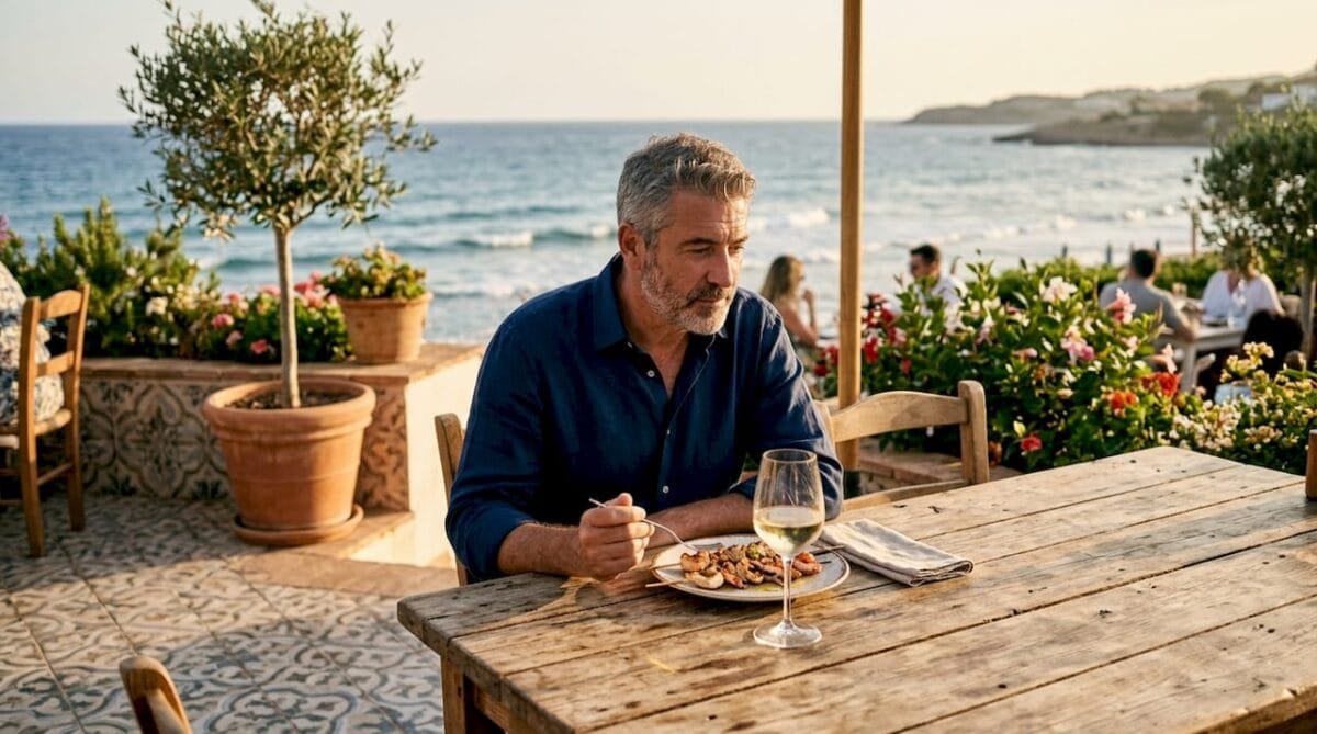 Man dining on terrace with Mediterranean sea view