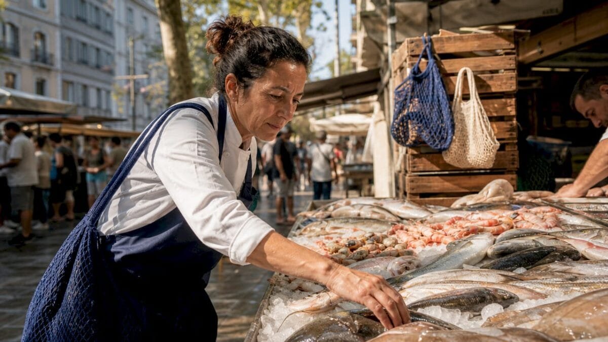 Chef selecting fresh seafood at Barcelona market