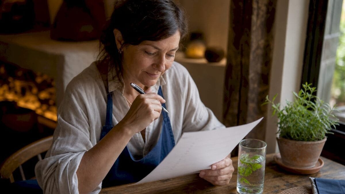 Owner reviewing restaurant ambiance checklist in dining room