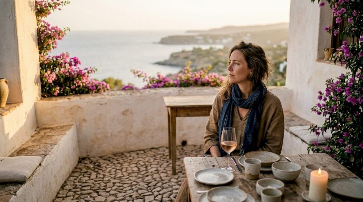 Woman relaxing on Mediterranean terrace with coastal view