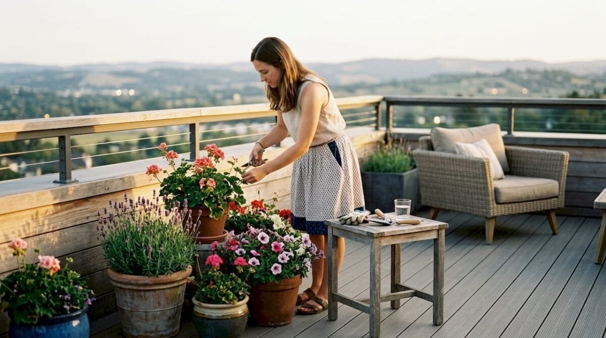 Woman tending plants on rooftop open-air terrace