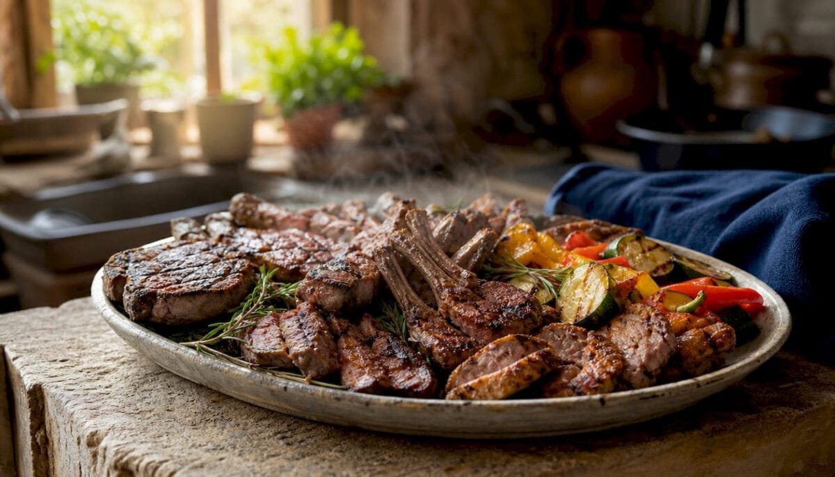 Close-up of mixed grill platter with meats and vegetables
