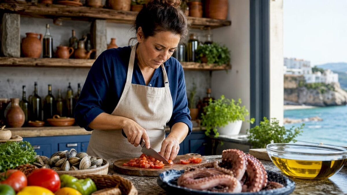 Chef preparing fresh Spanish seafood ingredients