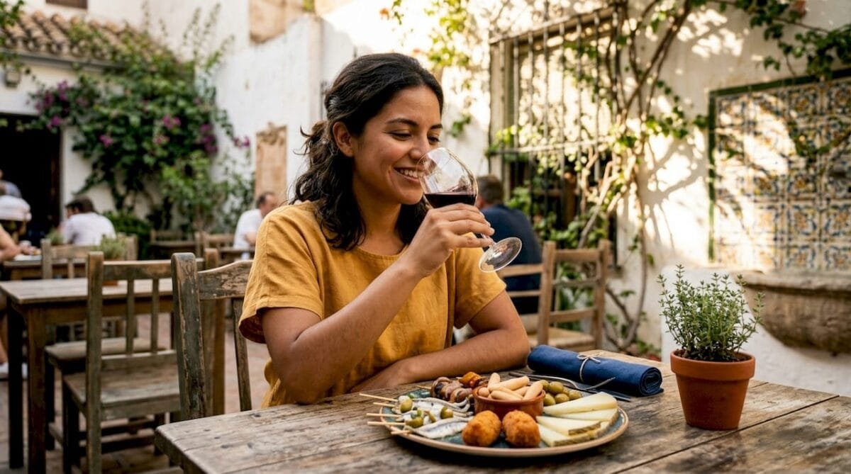Woman tasting wine and tapas in restaurant