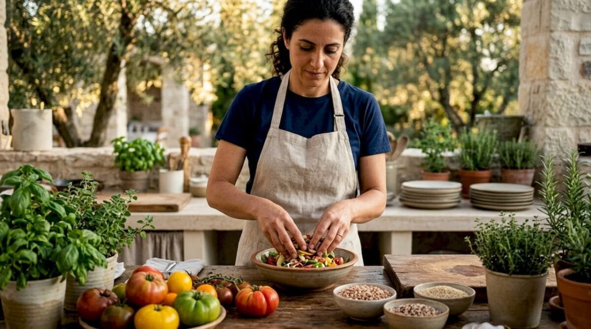 Chef preparing fresh Mediterranean ingredients