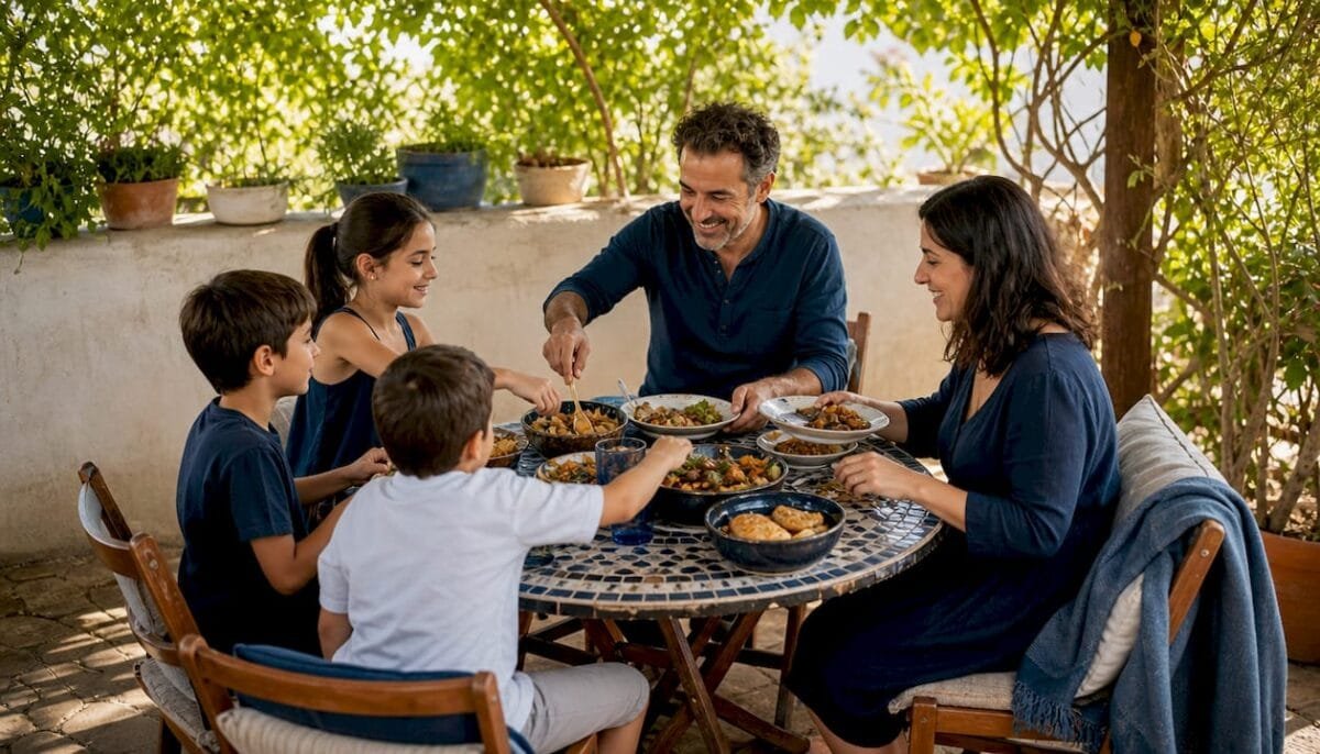 Family sharing meal at home dining table