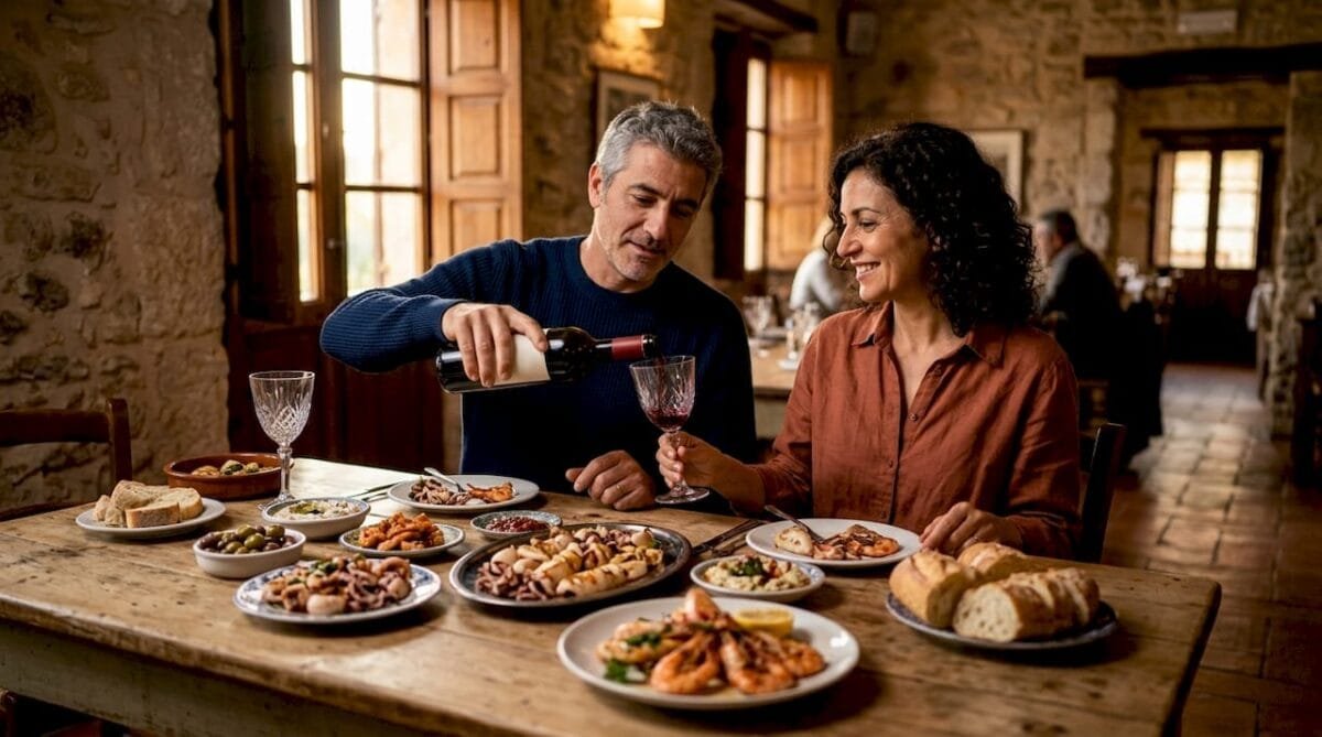 Couple pouring wine at Mediterranean dinner table
