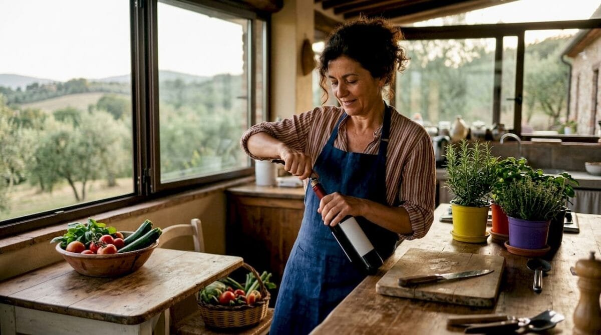 Woman selecting Mediterranean wine at kitchen table