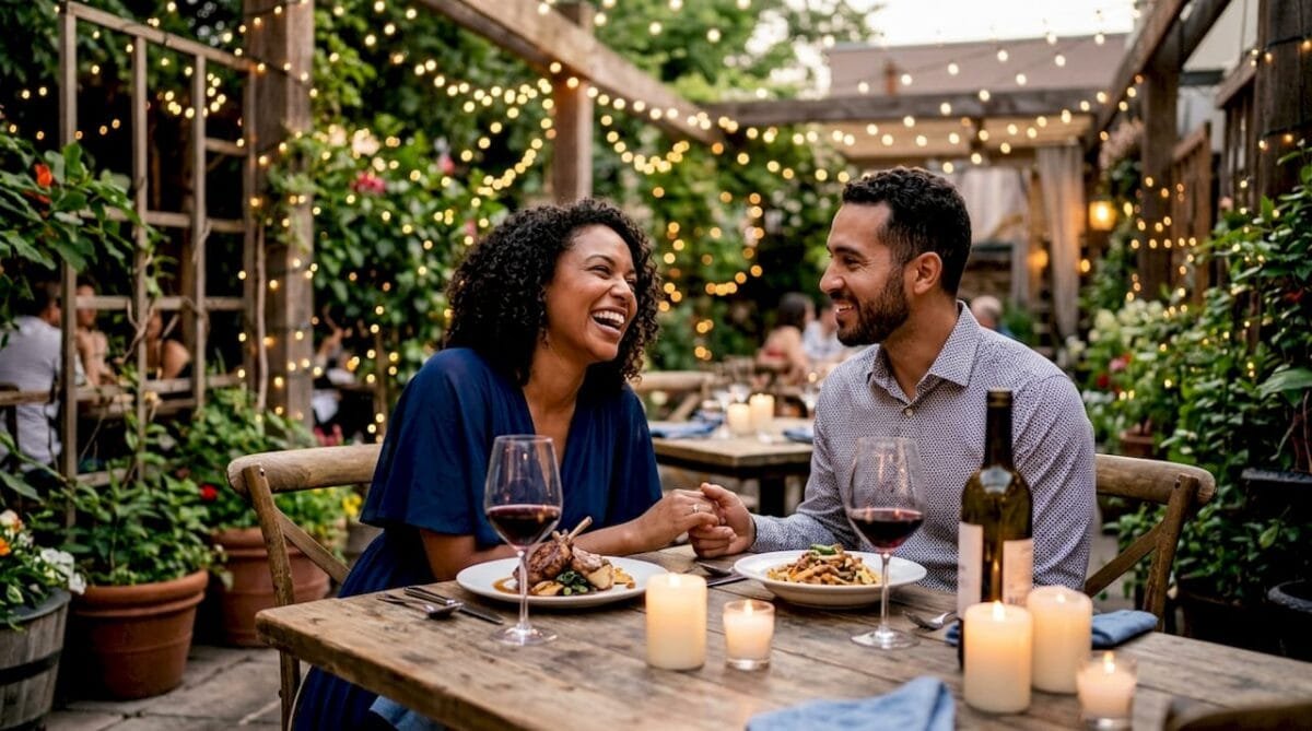 Couple enjoying romantic candlelit restaurant dinner