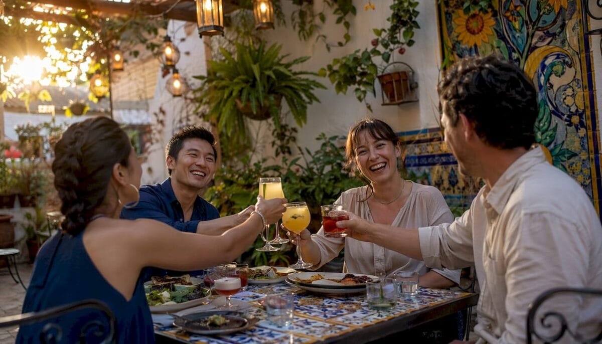 Friends dining together on outdoor restaurant terrace