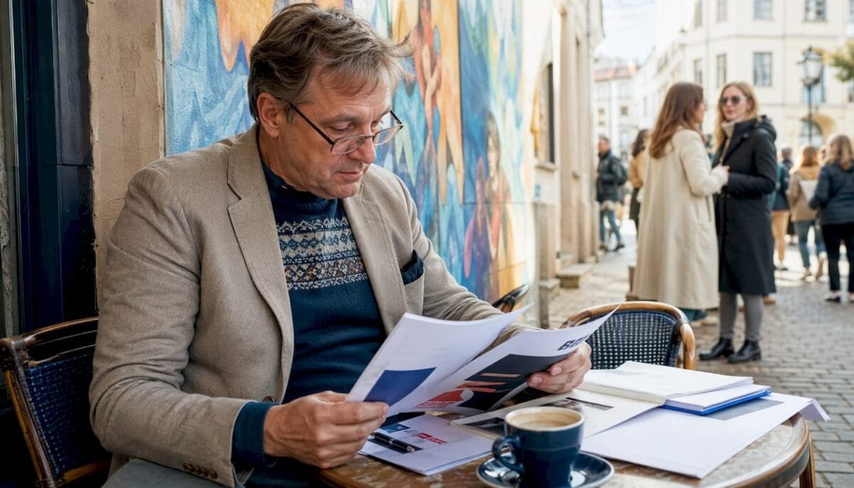 Restaurant manager reviewing software brochures at café