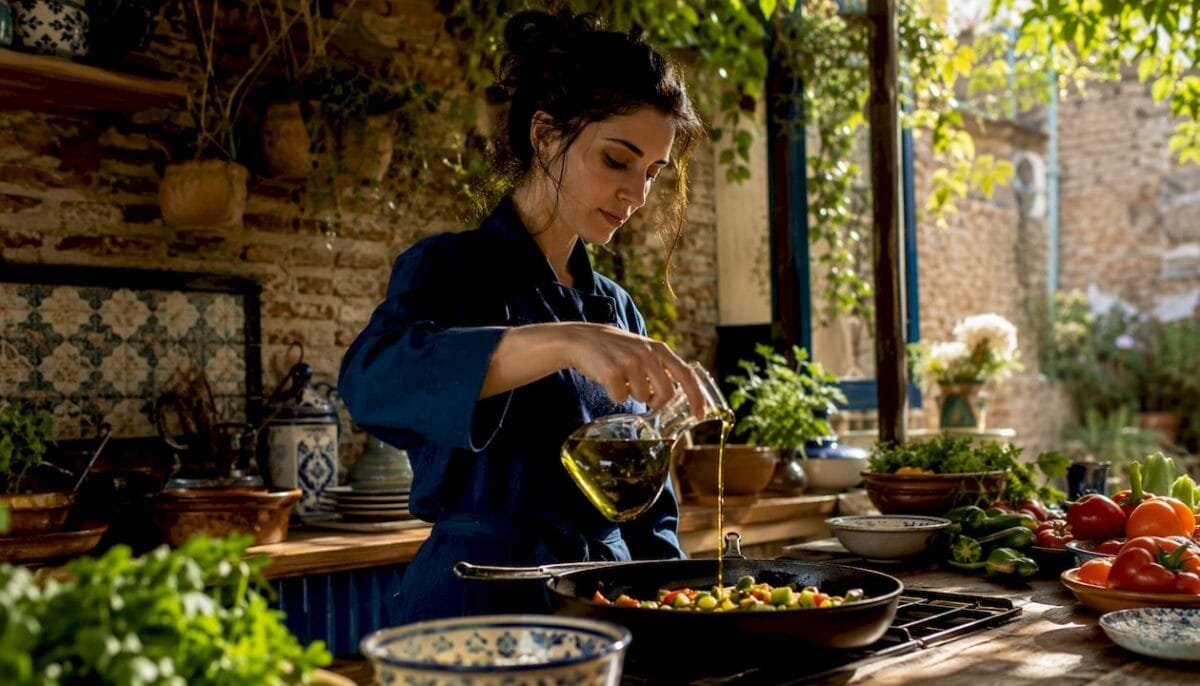 Mediterranean chef cooking with olive oil