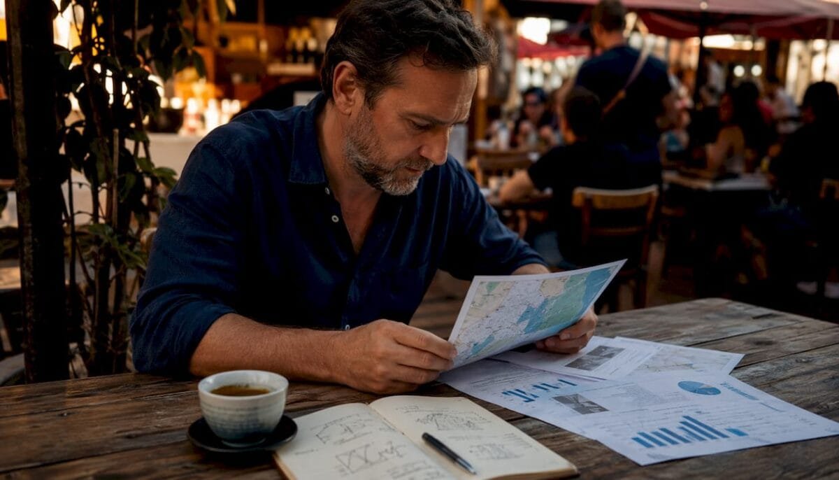 Entrepreneur analyzing restaurant location maps