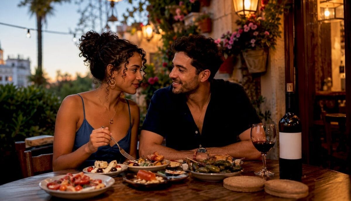 Couple sharing tapas plates at cozy restaurant