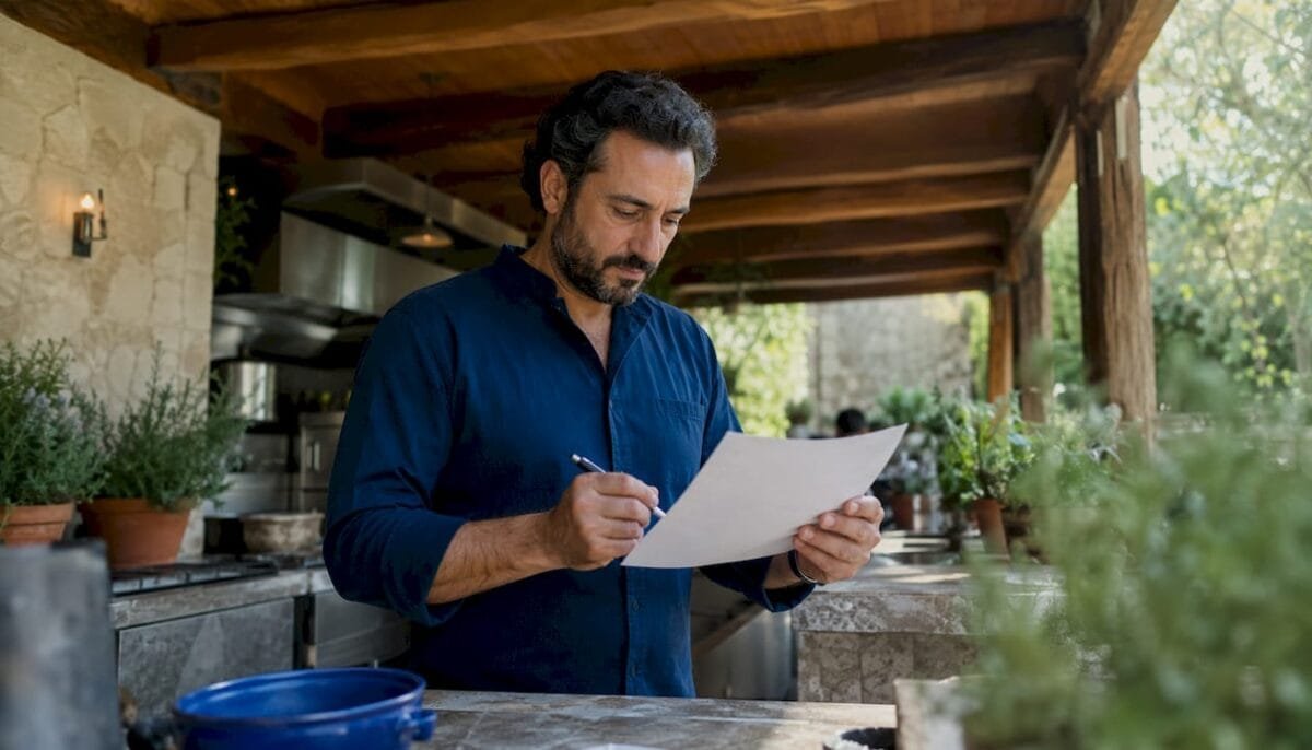 Manager reviewing checklist in Mediterranean kitchen