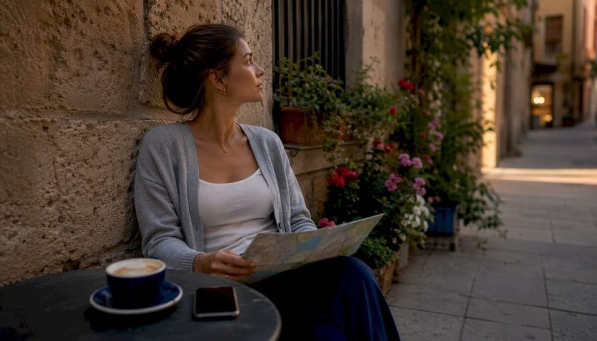 Traveler studying map at Eixample cafe table