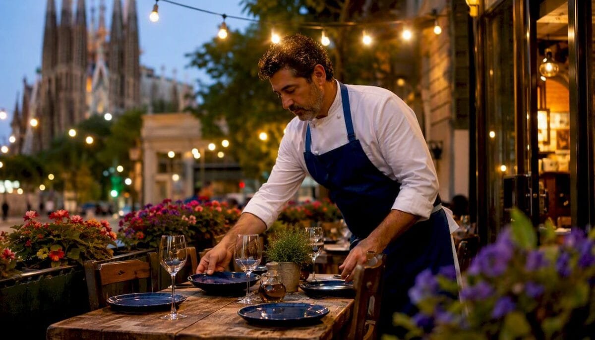 Chef setting Mediterranean dining table outdoors