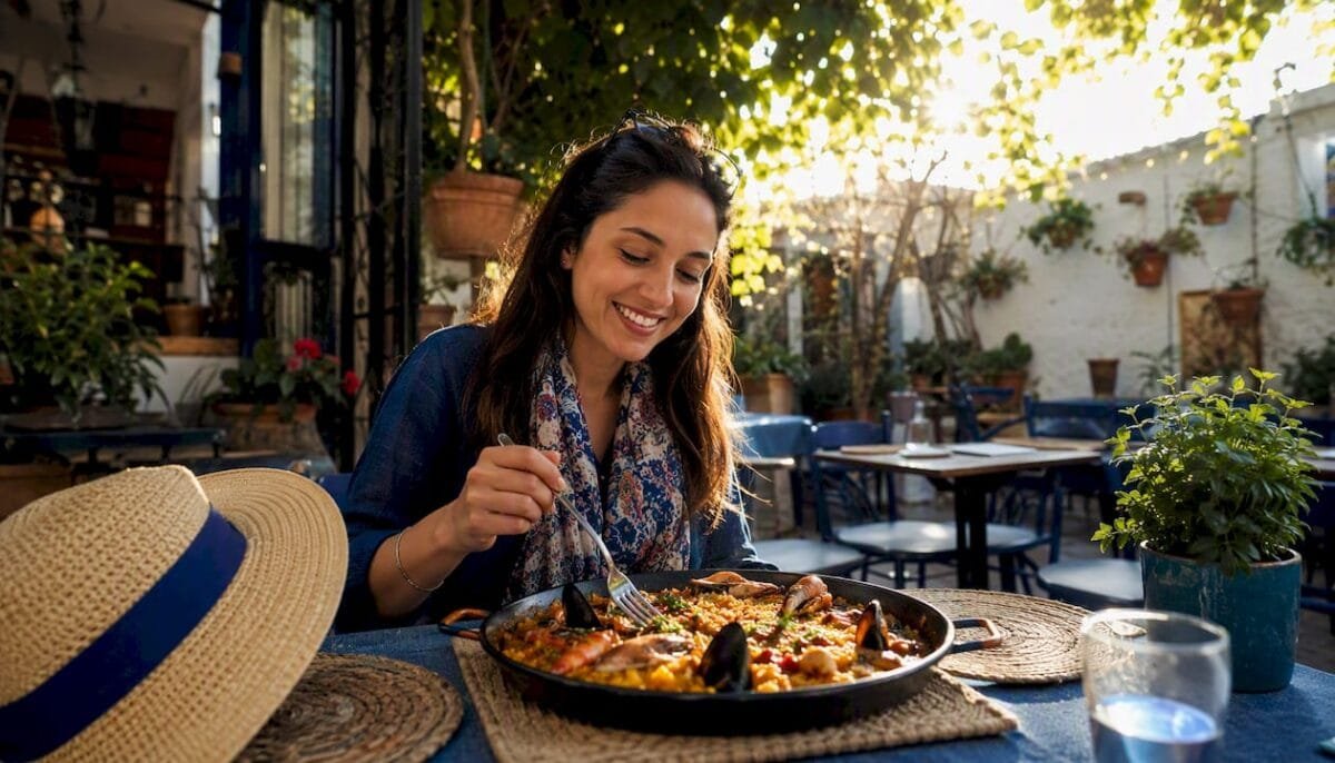 Tourist woman dining outdoors near Sagrada Familia