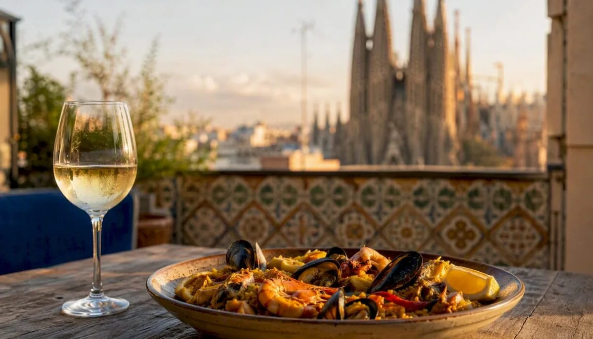 Paella dish on terrace near Sagrada Familia