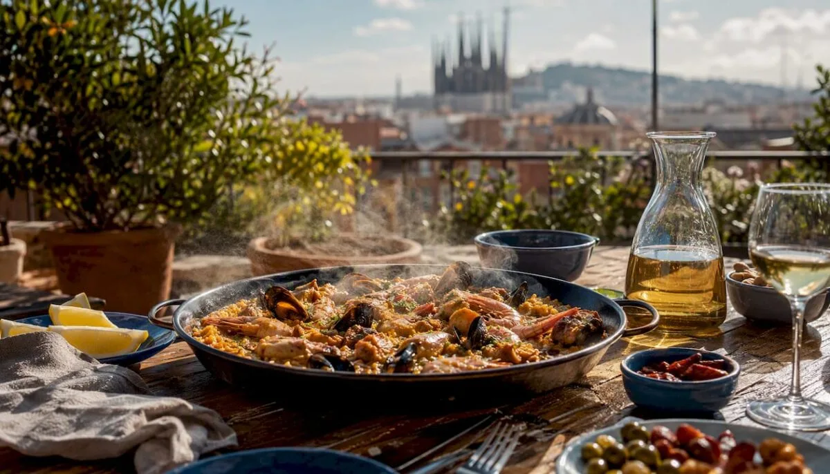 Seafood paella on terrace with Barcelona view