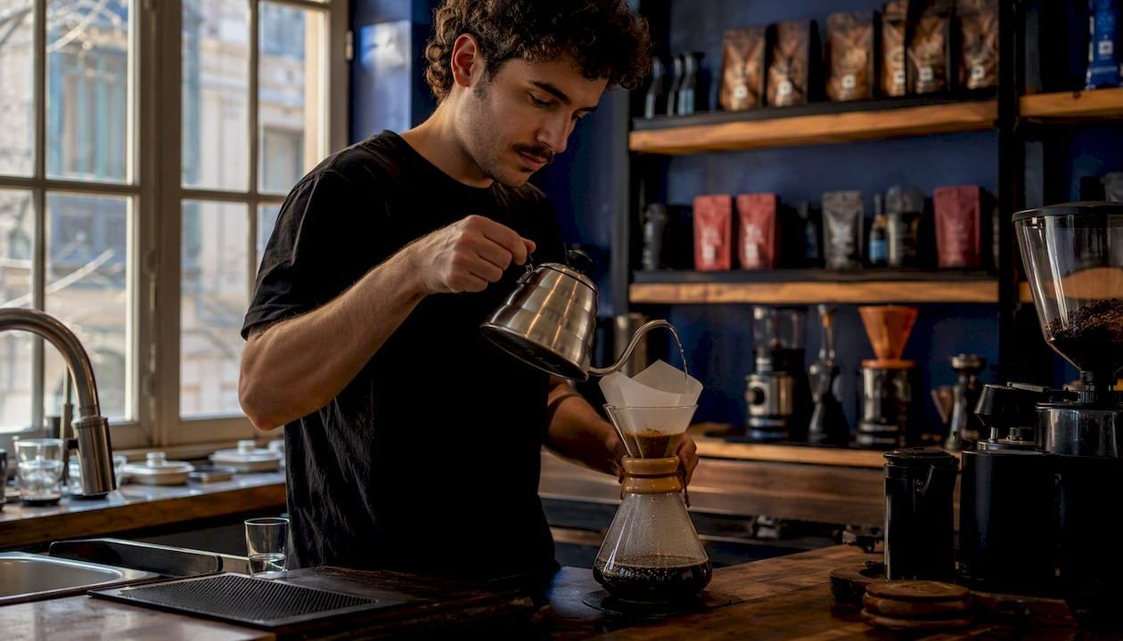 Barista pouring water over coffee grounds in Chemex