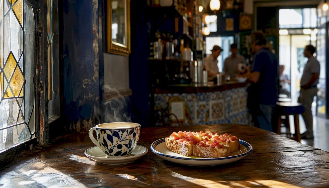 Café con leche and toast on wooden bar counter