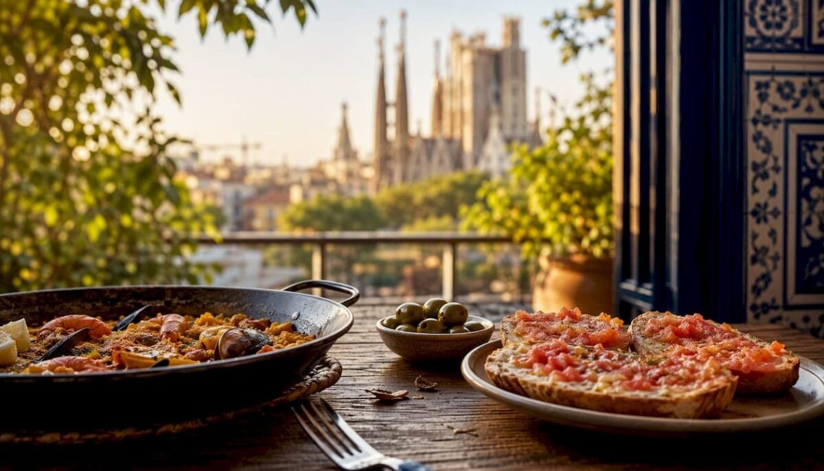Mediterranean tapas and paella spread on terrace
