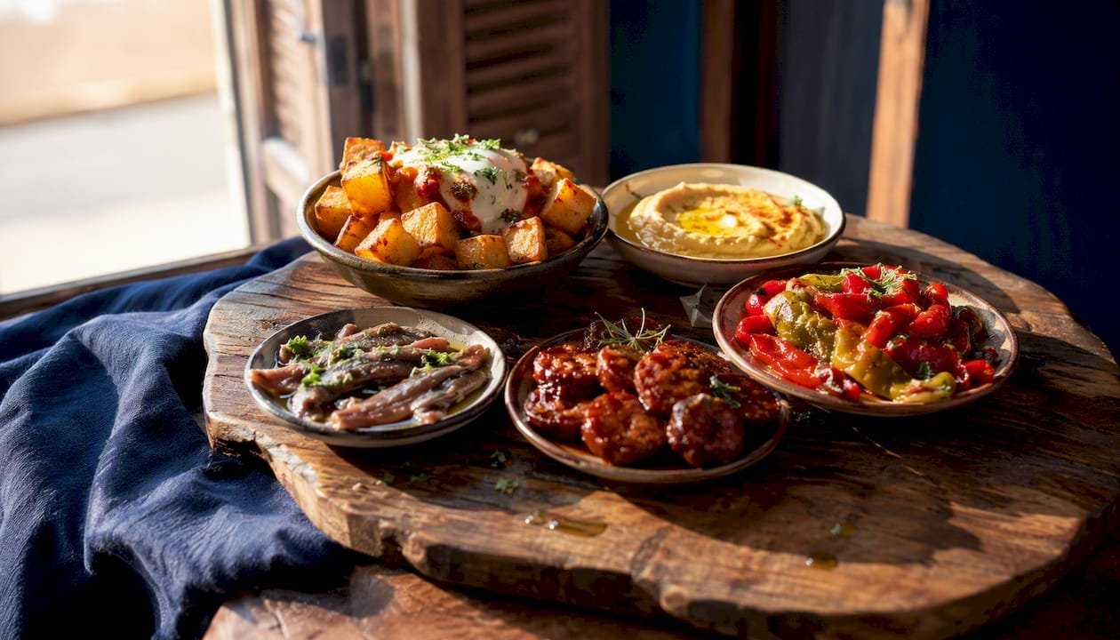 Traditional Mediterranean tapas assortment on table