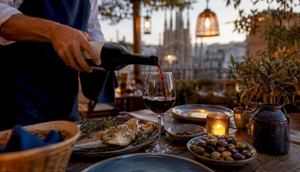 Sommelier pouring red wine over Mediterranean dishes