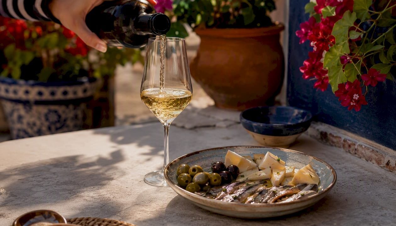 Fino Sherry pouring with salty tapas platter