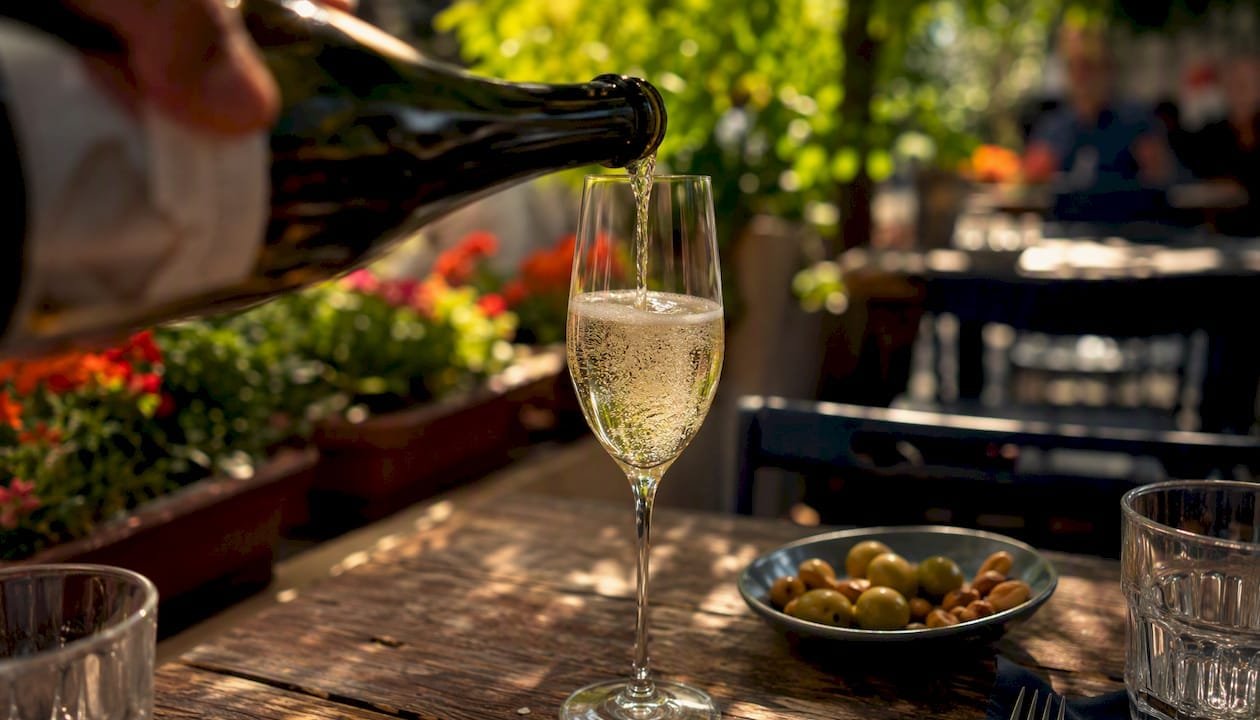Pouring Cava sparkling wine into flute