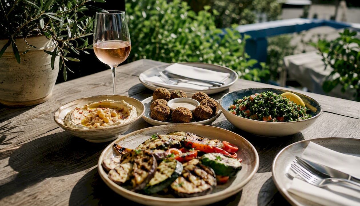 Vegetarian mezze spread with Provence rosé wine