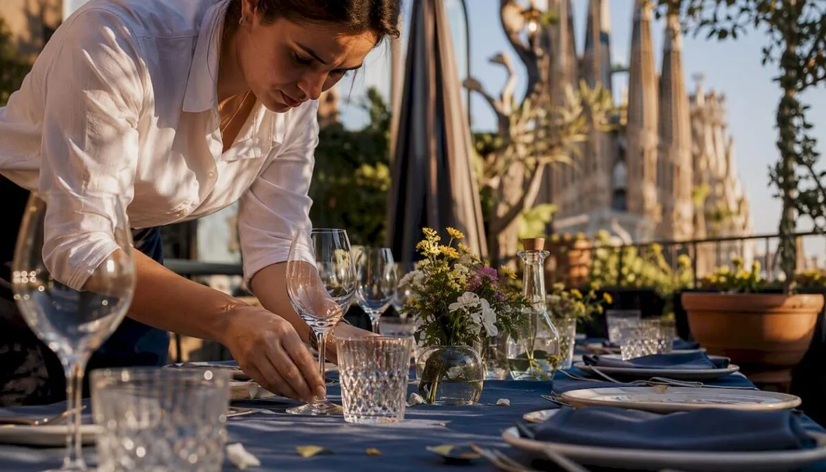 Hands setting table outdoors for event