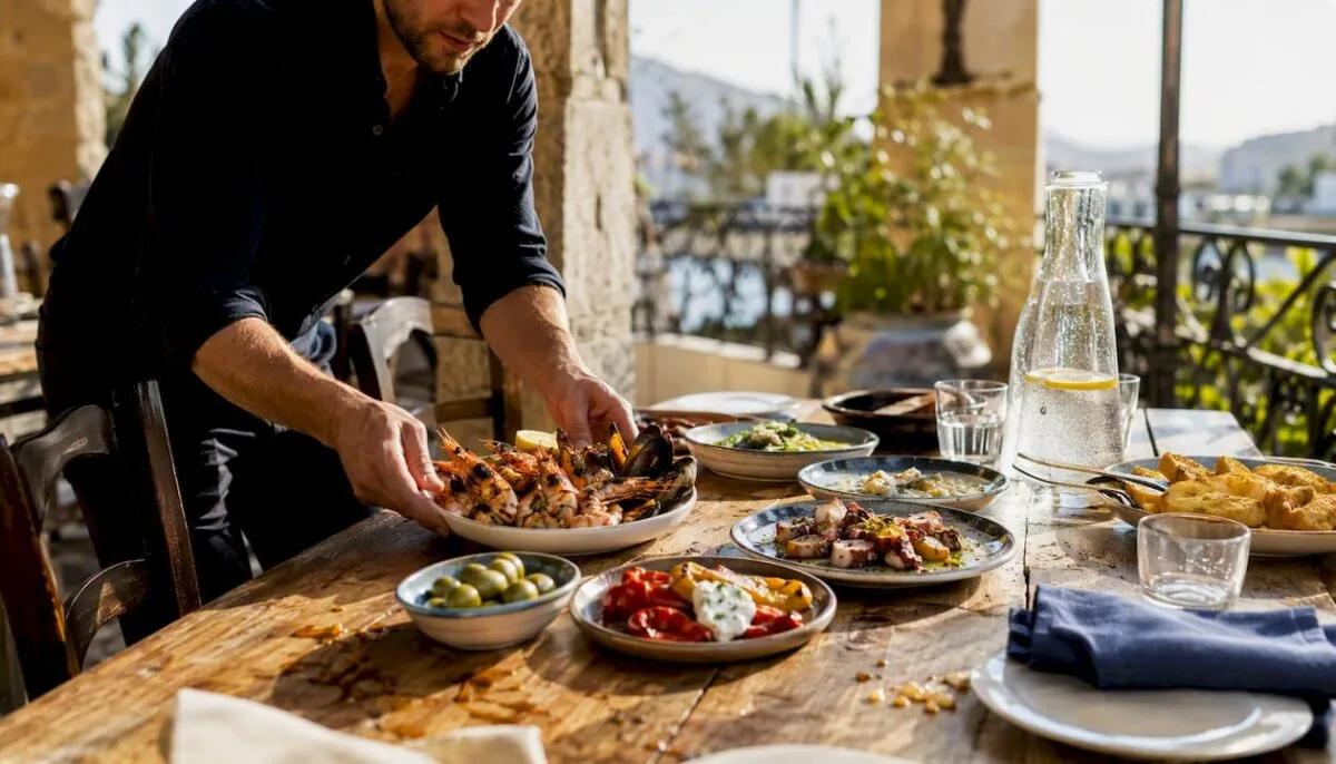 Waiter placing Mediterranean dishes on terrace table