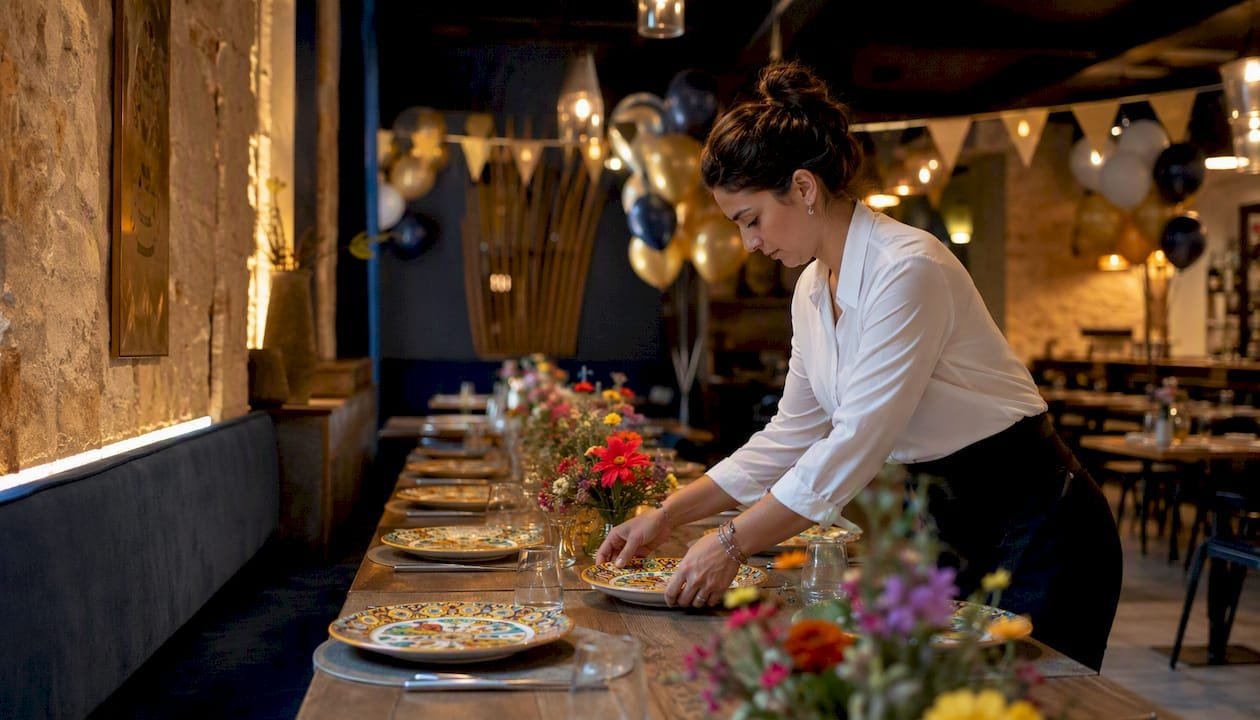 Restaurant staff preparing birthday party table