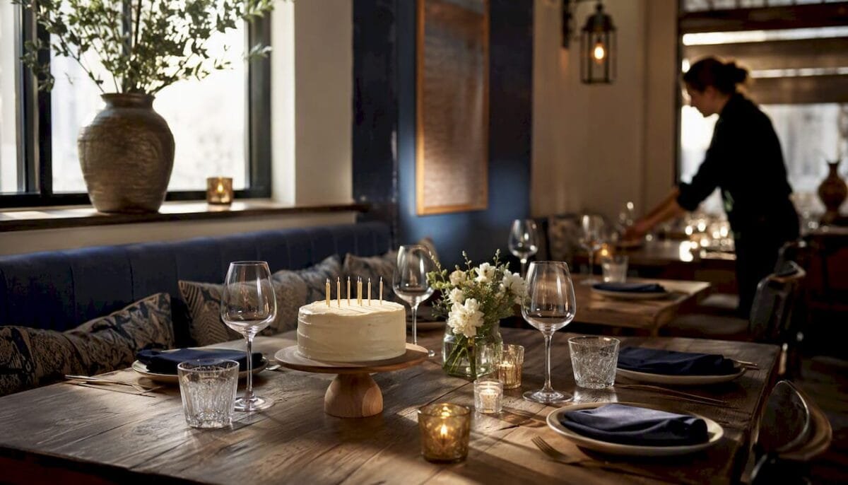 Birthday party table setup in Mediterranean restaurant