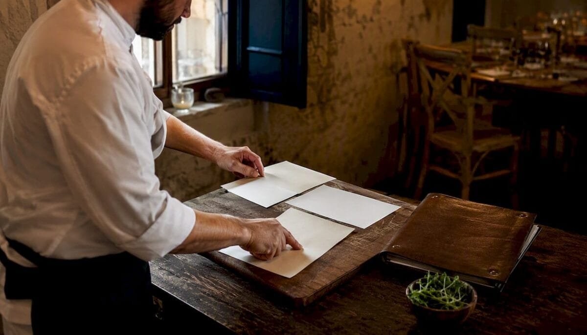 Chef arranging multilingual menus on cutting board