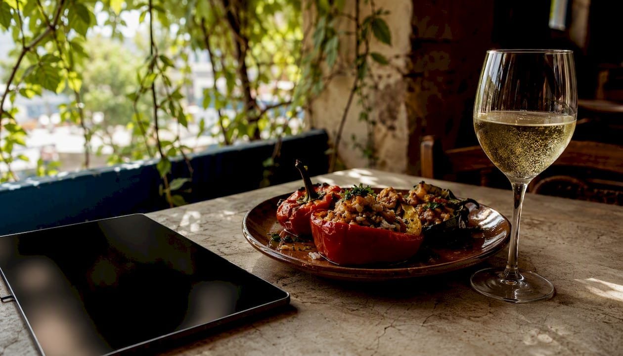 Tablet and paella on Mediterranean restaurant table