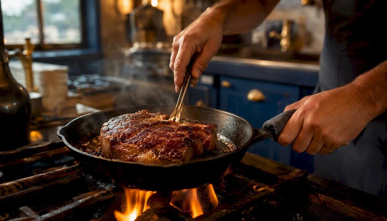 Chef searing rib eye steak in pan